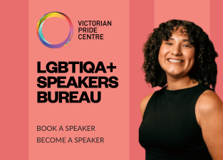 LGBTIQA+ Speakers Bureau poster with a cut out headshot of one of the speakers - promo image